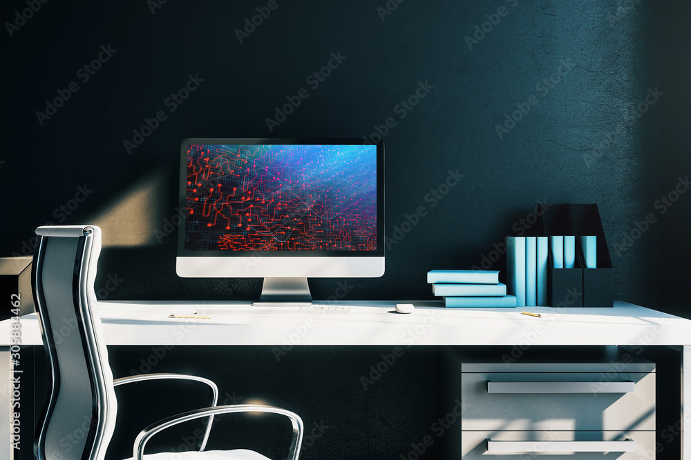 Poster cabinet desktop interior with technology theme drawing on computer screen. concept of hightech. 3d r