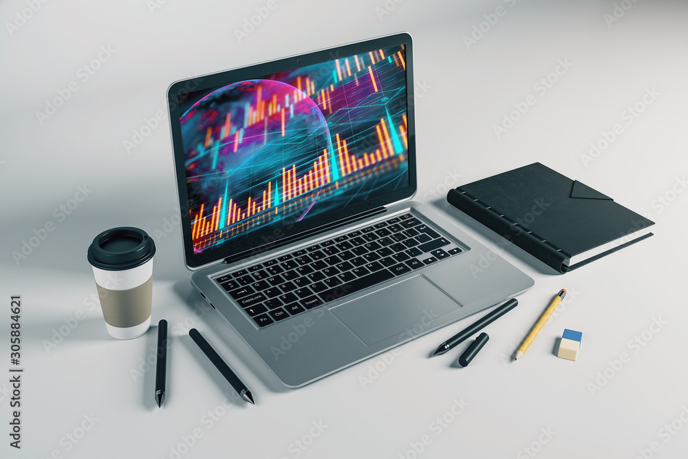 Poster laptop closeup with forex graph and world map on computer screen. financial trading and education co