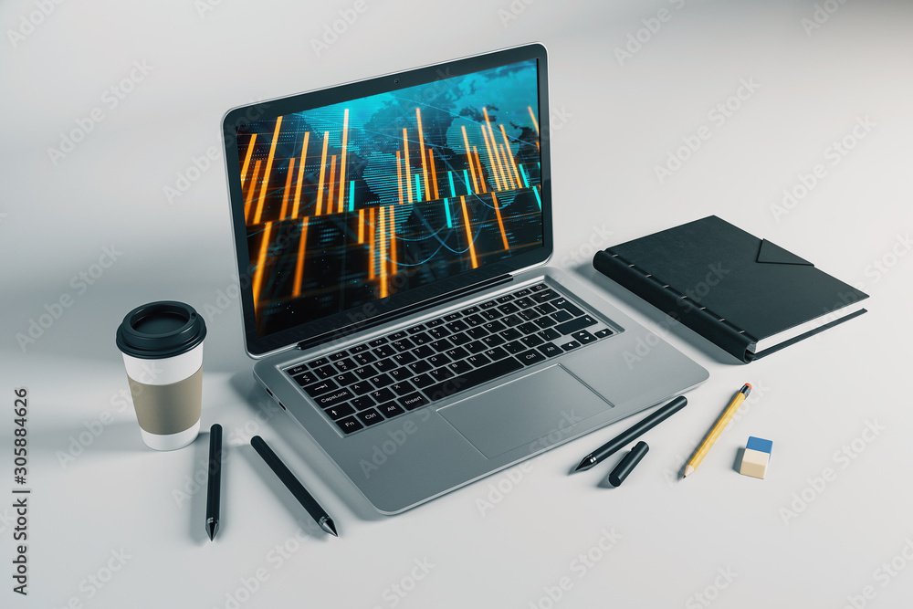 Poster laptop closeup with forex graph and world map on computer screen. financial trading and education co