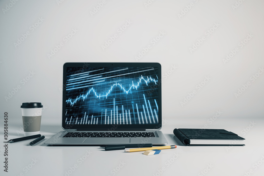 Poster laptop closeup with forex graph on computer screen. financial trading and education concept. 3d rend