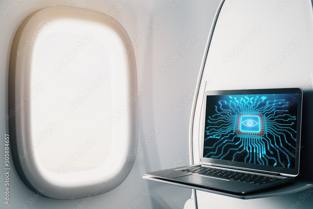 Poster laptop closeup inside airplane with technology picture on screen. technology concept. 3d rendering.
