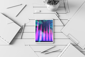 Digital tablet closeup top view with financial graph and partial world map on screen. Online international trading application concept. 3d rendering.