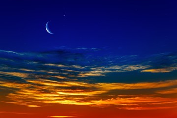 Fototapeta na wymiar New moon . Religion background . The sky at night with stars. Ramadan background . Prayer time . Moon and beautiful night with stars