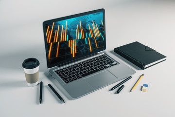 Laptop closeup with forex graph and world map on computer screen. Financial trading and education concept. 3d rendering.