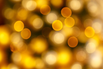 abstract blurred of gold glittering shine bulbs lights background:blur of Christmas wallpaper decorations concept. Xmas holiday festival backdrop sparkle circle lit celebrations display