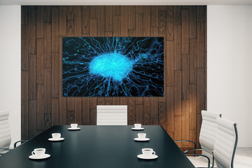 Conference room interior with human brain drawing on screen on the wall. Brainstorm concept. 3d rendering.