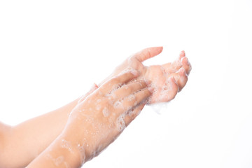 Hygiene. Cleaning Hands. Washing hands with soap bubbles