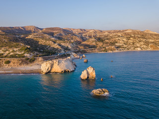 Aphrodite rock at sunset on Paphos Cyprus - aerial view