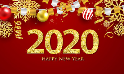 Happy New Year 2020 background. Greeting card design template gold confetti. Celebrate brochure or flyer.