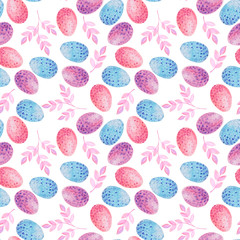 watercolor bright seamless pattern eggs flowers lilac pink color