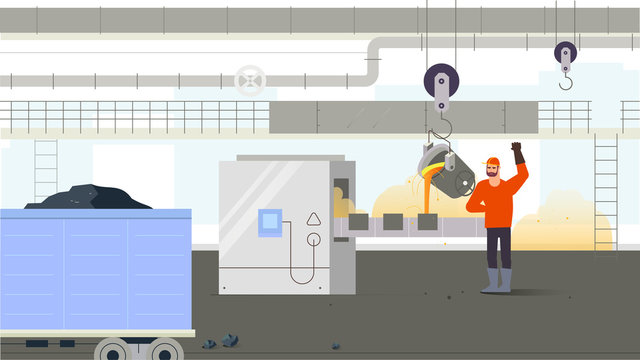 Factory worker inside production. Concept of industrial situation. Vector illustration