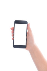 Smartphone with a blank white screen. New popular smartphone in hand on white background