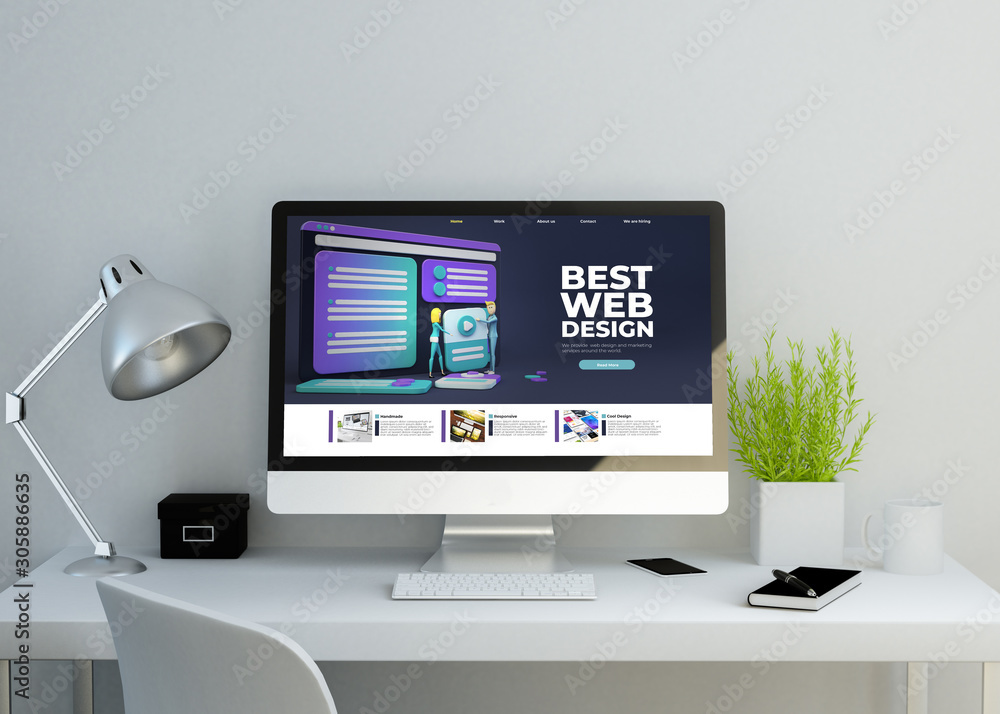 Poster modern clean workspace with responsive design website on screen