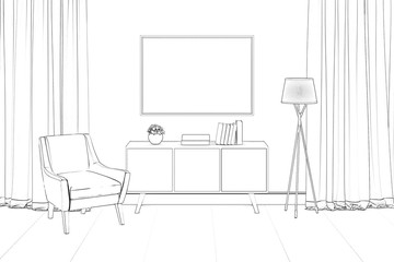 Sketch of the modern room interior with two windows, a decor on a pedestal, a lamp, an armchair and a picture. Front view. 3d render