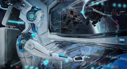 Robot in a control room flying a white modern spaceship with window view on space 3D rendering © sdecoret