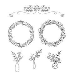 Set of Vector Christmas monoline floral items. Bouquets, xmas frames and dividers. Calligraphy for holiday greeting card. Illustration