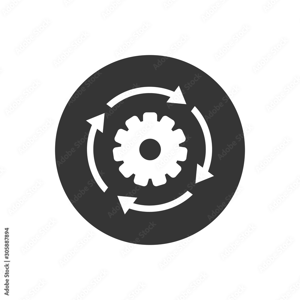 Poster workflow process white icon in flat style. gear cog wheel with arrows vector illustration on gray is