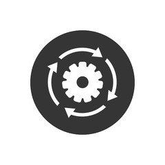 Workflow process white icon in flat style. Gear cog wheel with arrows vector illustration on gray isolated background. Workflow business