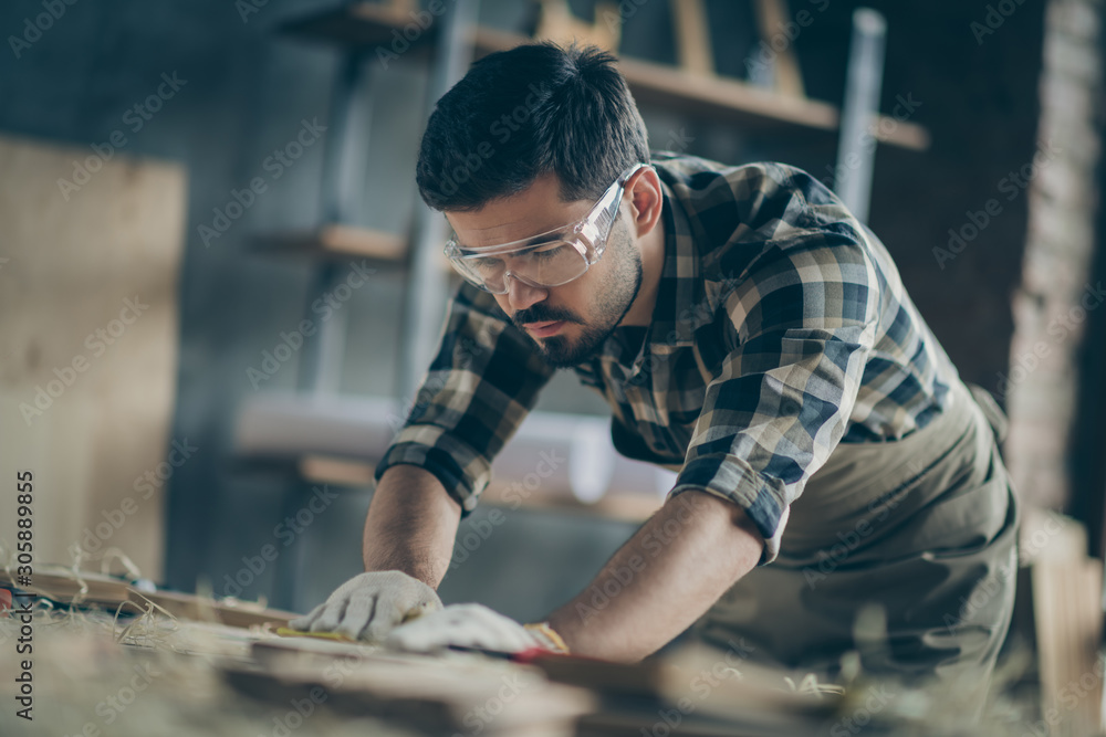 Wall mural portrait of his he nice attractive focused concentrated skilled experienced hardworking guy builder 