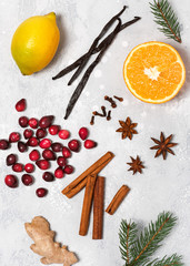 Ingredients for making cranberry mulled wine. Christmas winter warming drink cooking concept. Selective focus.