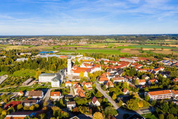 aerial view, Monastery Church and Ursberg Abbey of the Franciscan St. Joseph's Congregation,...