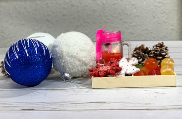 Christmas card with sweets .Christmas snowman, candy cane of red color. Christmas card.