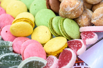 Food. Desserts. Sweet cakes on furshet table in restaurant close up