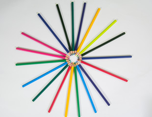 Naklejka premium top angle view of set of color pencils in a floral flower circular shape on white background