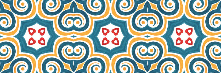 Embroidery in the traditions of Peru, Aztecs and Maya. Geometric folk ornament fabric.  Colorful seamless pattern in Spanish, Mexican, African,  American Indian rug. Tribal embroidery. Old carpet.