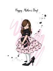 Beautiful little girl in a magnificent dress and high-heeled mother's shoes. Valentine's Day, March 8, Mother's Day. Vector illustration for a card or poster. A cute baby.