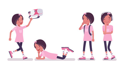 School girl enjoying free time. Cute small lady in pink tshirt with rucksack after lessons, active young kid, smart elementary pupil aged between 7, 9 years old. Vector flat style cartoon illustration