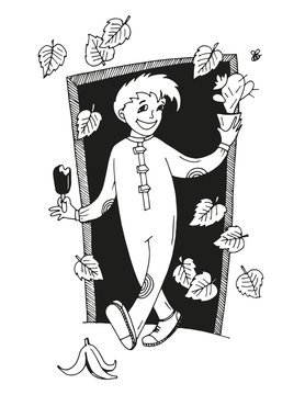 recommend clip art: illustration of a young loser boy eating ice cream and stepping on a banana