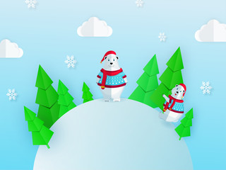 Cartoon polar bear characters wearing woolen cloth with paper cut Xmas tree, snowflake and clouds decorated on blue background with space for your message.