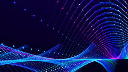 Abstract futuristic wave background. Network connection dots and lines. Digital background. 3d rendering.