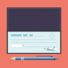 Cheque vector illustration. Cheque icon in flat style. Cheque book on colored background. Bank check with pen. Concept illustration pay, payment, buy.