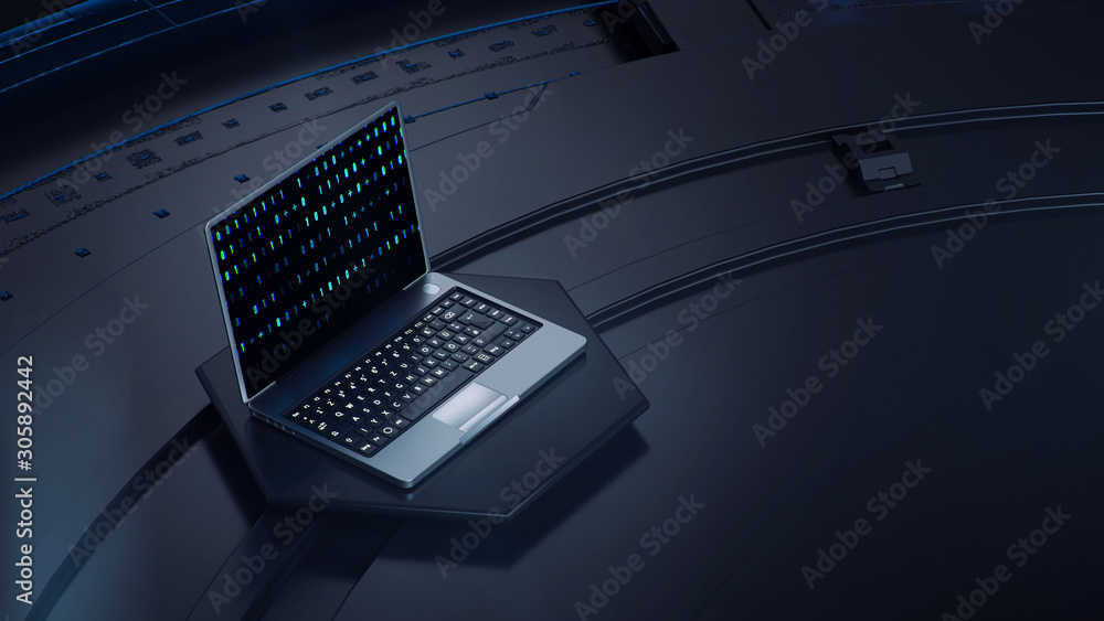 Aufkleber digital dark workspace with laptop on pedestal. code on screen. 3d render.