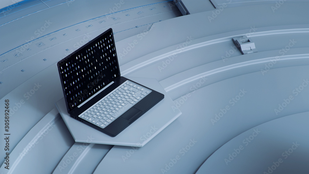 Aufkleber digital white workspace with laptop on pedestal. code on screen. 3d render.