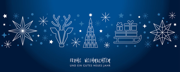 Fototapeta na wymiar Weihnachtsgruss blauer Hintergrund - Sterne, Weihnachtsbaum, Rentier und Geschenke auf Schlitten - deutsch