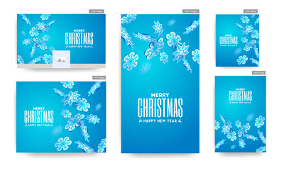 Merry Christmas & Happy New Year poster and template set with 3d paper snowflakes decorated on blue background.