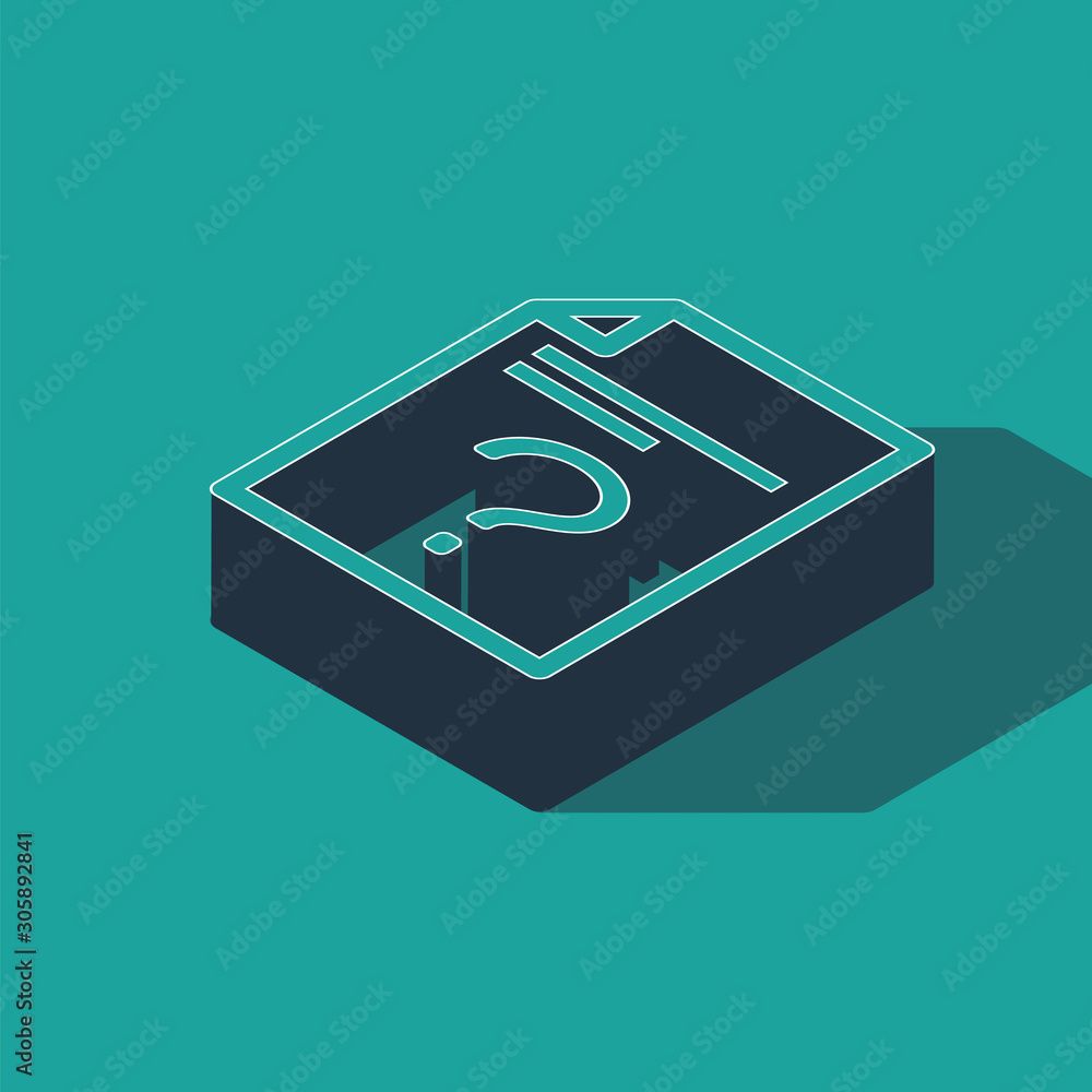 Poster isometric unknown document icon isolated on green background. file with question mark. hold report, 