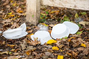Disposable plastic plates, cups and bags on the ground in the forest. Idea the contamination of...