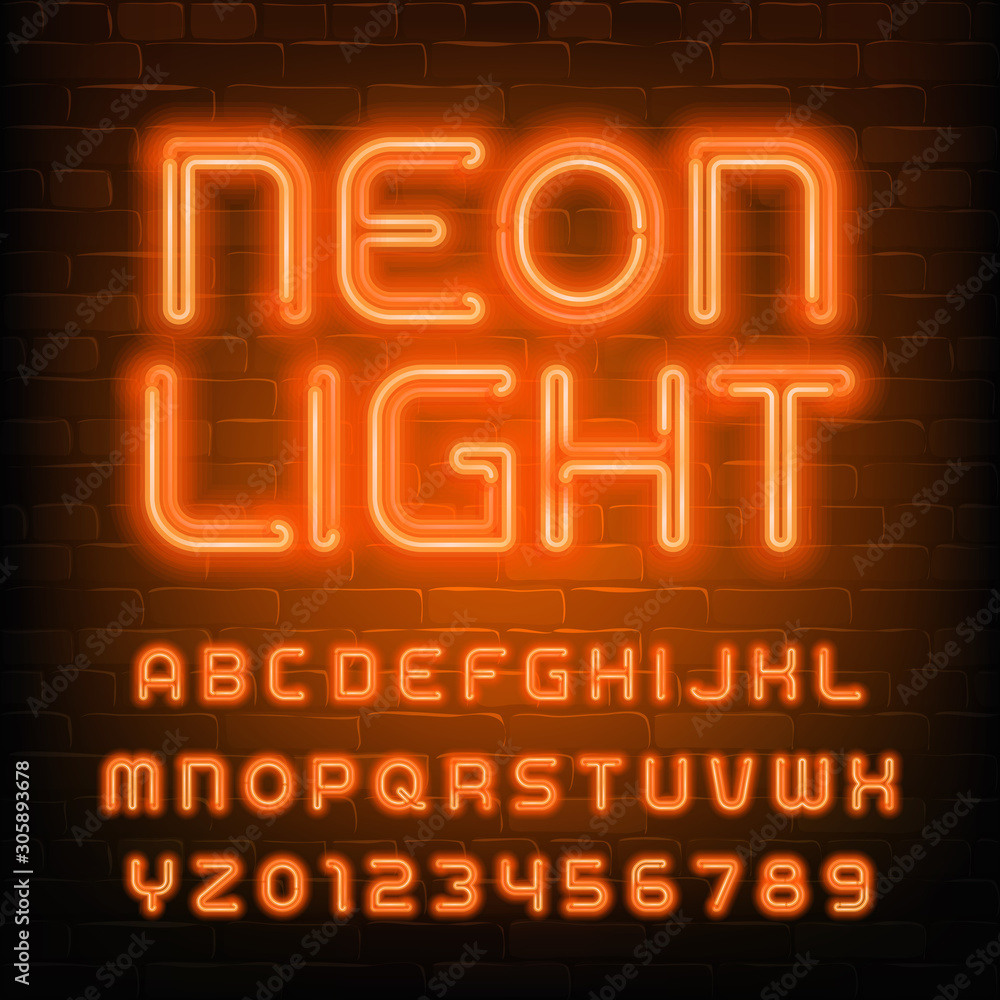 Fototapete neon light alphabet font. simple orange neon letters and numbers. brick wall background. stock vecto