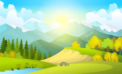 Lichtdoorlatende gordijnen Limoengroen Vectorillustratie van mooie zomerse velden landschap met een dageraad, groene heuvels, felle kleur blauwe lucht, land achtergrond in platte cartoon stijl banner