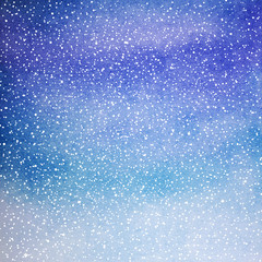 Winter blue watercolor background with falling snow. Christmas, New Year hand drawn texture