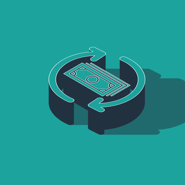 Isometric Refund money icon isolated on green background. Financial services, cash back concept, money refund, return on investment, savings account. Vector Illustration