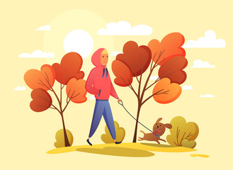 Happy boy with dog in an autumn park. Trend colors. Vector illustration in cartoon flat style. Autumn background - landscape illustration autumn forest. Design template