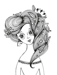 illustration with a portrait of a girl, a girl with a lush hairstyle and birds in her hair
