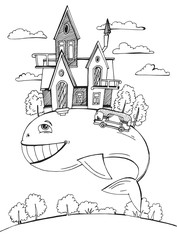 city on the back of a whale, fish and houses, graphic illustration