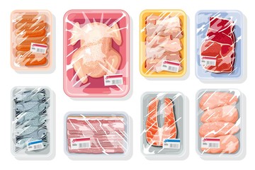 Big vector set with meat, poultry, seafood on plastic trays covered with polyethylene kitchen saran film. Vacuum packaging for storage, transportation of chicken, crawfish, beef steak, sausages.
