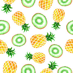 Hand drawn seamless pattern with watercolor pineapples and kiwi fruits solated on white background. Colorfull summer seamless background for textile, print and banners. Healthy food concept